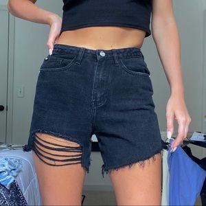 Longline High Waisted Black distressed Denim Short